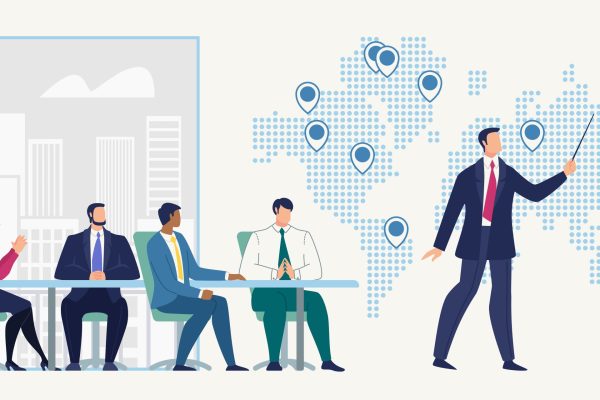 Business Meeting, International Project Presentation, Planning Strategy Flat Vector Concept. Businessman Conducting Negotiation with Employees, Partners in Office, Pointing on World Map Illustration